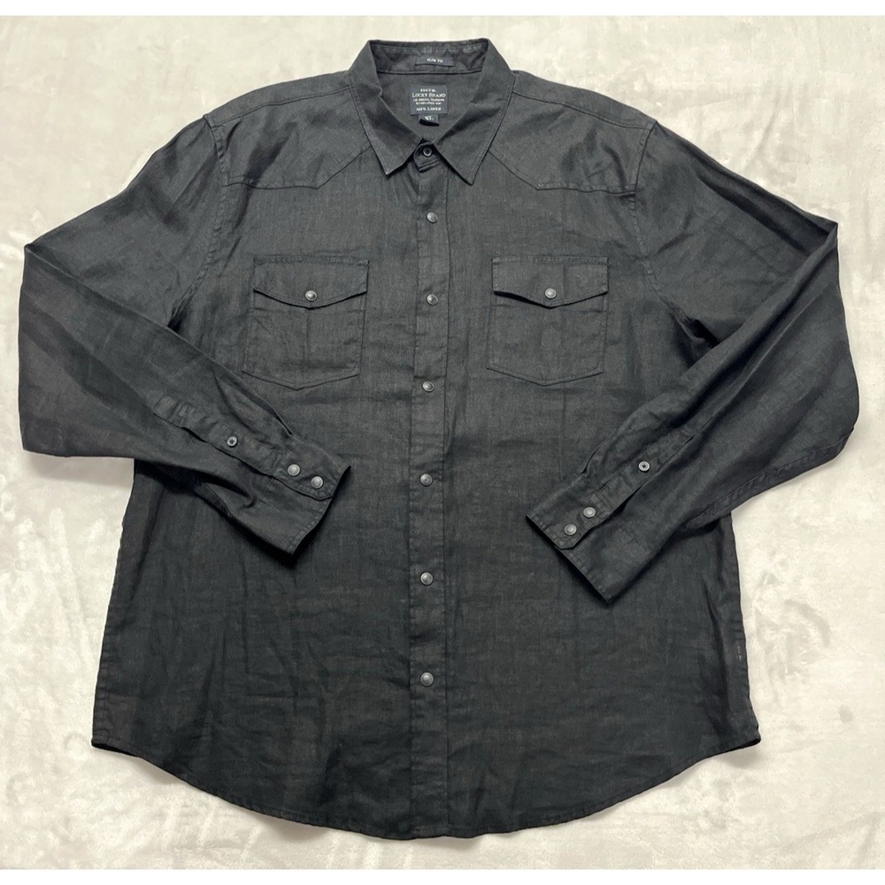 Lucky Brand Laguna Linen Western Shirt Men XL Black Pearl Snap Slim Fit Preppy
